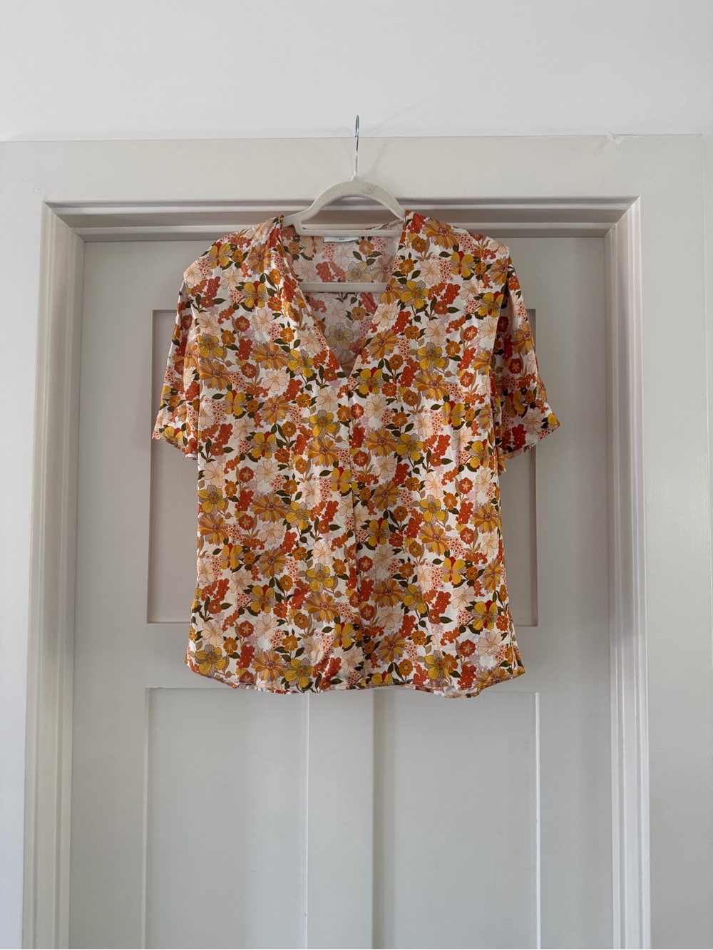 SANDRO - Silk Floral V-Neck Short Sleeve Blouse - Pink & Orange